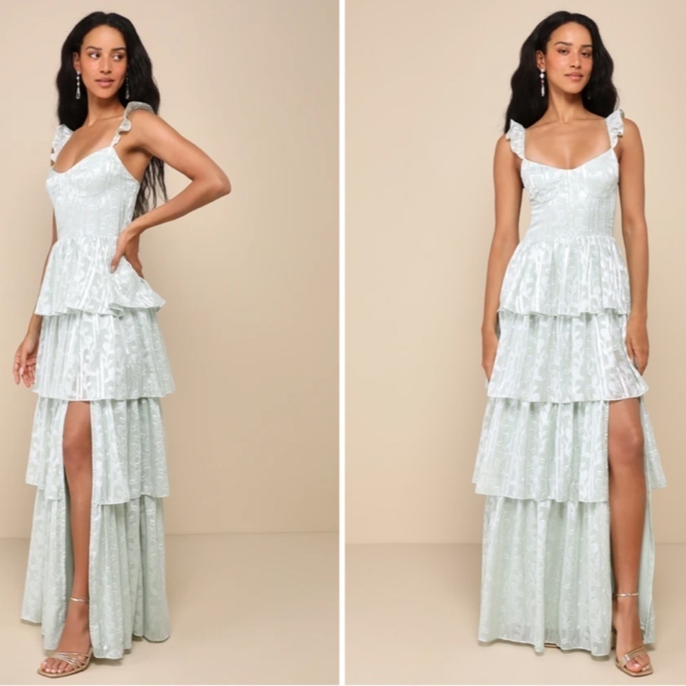 LULU's Flirty Floral Roses Prom Wedding Formal Event Sexy Tiered Ruffles Maxi - Picture 3 of 5